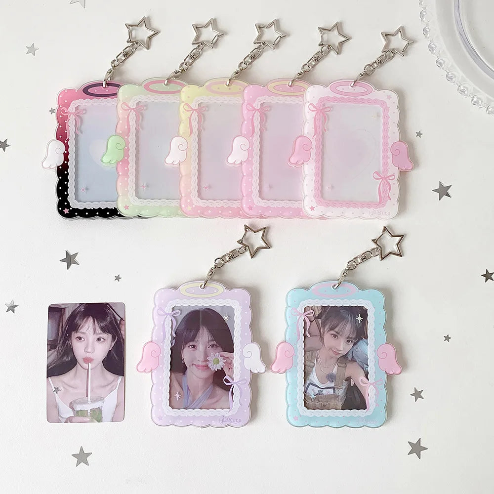 Kawaii 3-inch Photocard Holder with Wing Charm Keychain Kpop Idol Photo Sleeve for Student ID Bag Pendant Cute Card Protector