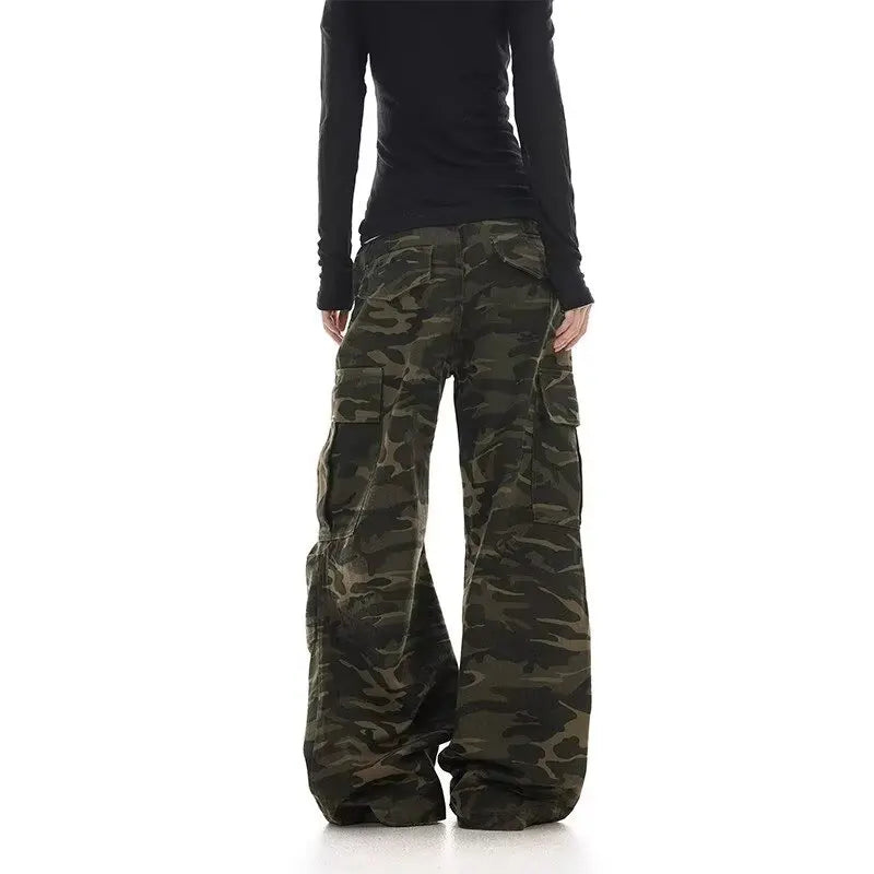 American retro washed design camouflage work pants for men and women, loose straight leg multi pocket wide leg casual paratroope