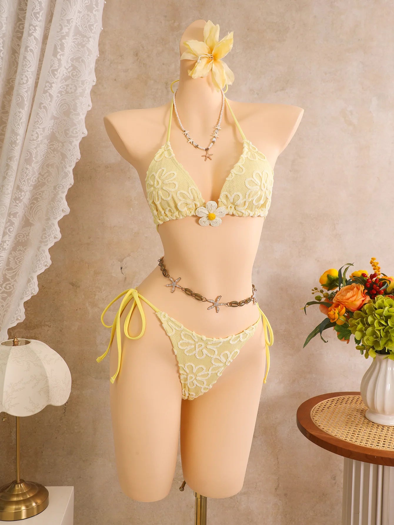 Sexy Yellow 3D Flower Bikini Set 2026 Women Flower Embroidery Push Up Bra Pleate Cover Up 3 Piece Swimsuit Bathing Suit Swimwear