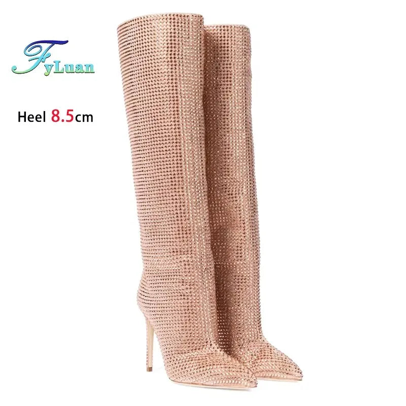 Gorgeous Rhinestones Boots Full Crystal Diamond Star Stage Shoes Women Pointy Knee-high 8.5CM Thin Heel Glitter Party Long Boots