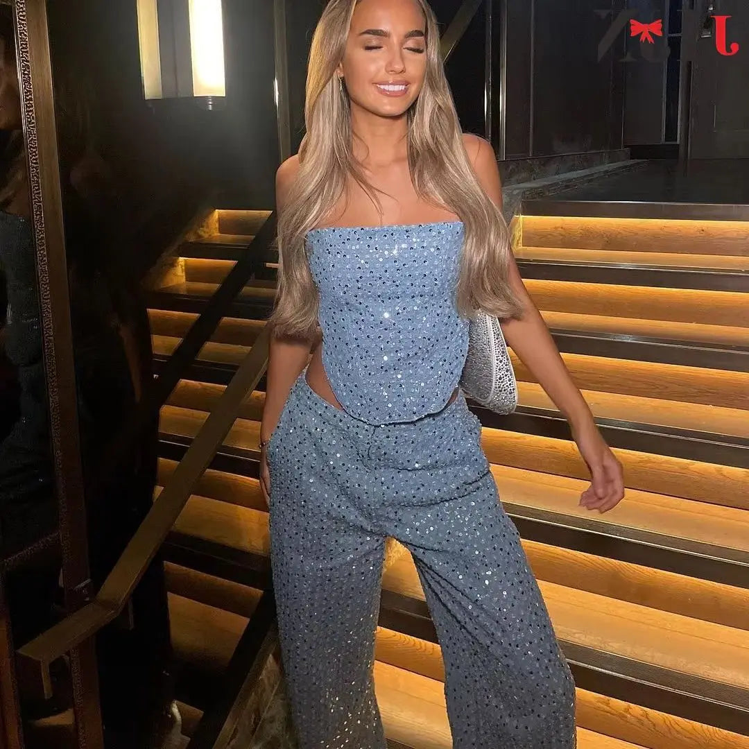 Women Luxury 2 Piece Outfit Sexy Strapless Crop Top & Glitter Denim Wide Leg Pants Set Slim Fit Birthday Party Clubwear Hottie