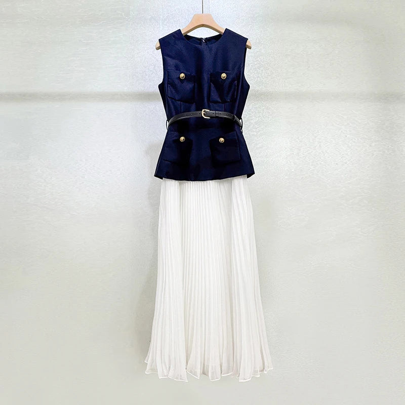 A newSummer women's round-neck elegant blue and white satin patchworkChiffon pleated sleeveless dress y2k fashionable long dress