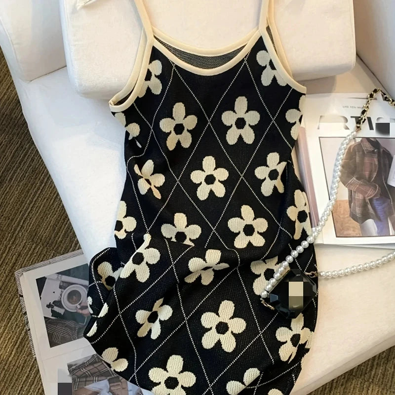 ITOOLIN New Summer Floral Pattern Knitted Cami Dress Sleeveless Mini Dress for Women Vacation Clothing Sundress Fashion New