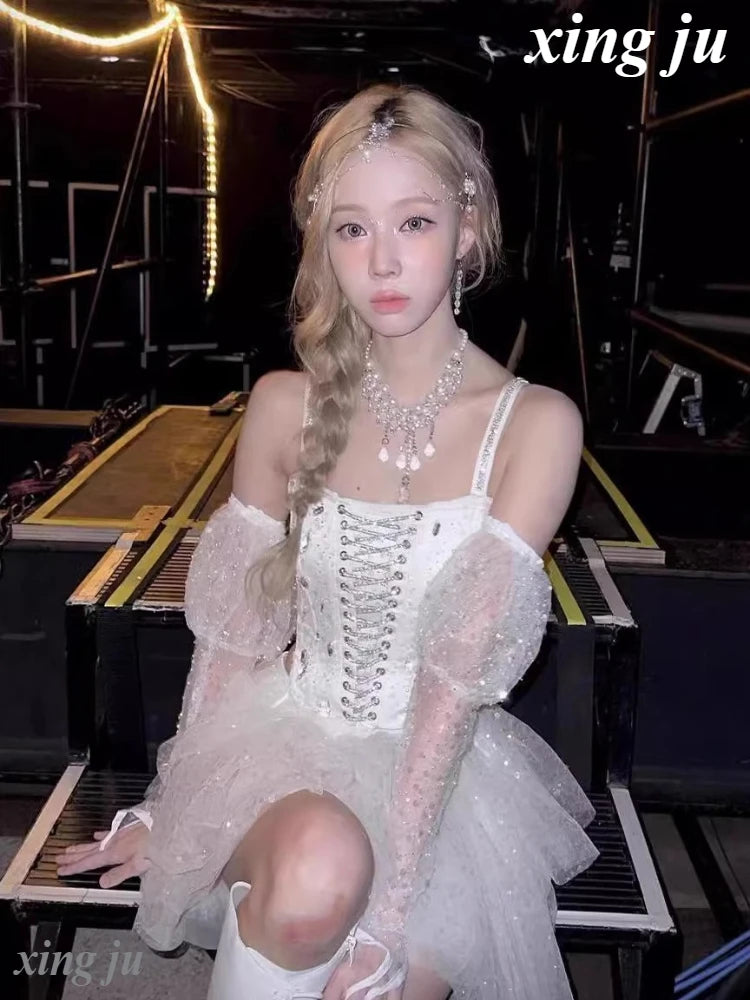 New Korean Women Group Jazz Dance White Lace-up Vest Sling Tops Sweet Princess Skirt Kpop DJ Dance Outfits Singer Stage Costume