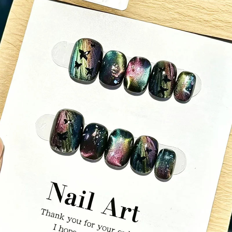 30Pcs Short Round Press On Nails Cat Eye Fake Nails With 3D Pink Star White Star Print Pink Polka Dot Full Cover False Nail