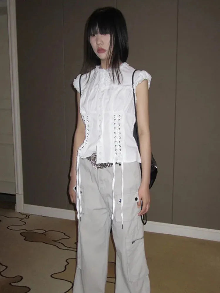 Y2k Aesthetic Ladies Single Breasted Tops Harajuku Vintage Bandage Grunge Shirt Women Lace Patchwork Slim Sweet Cropped Blouse