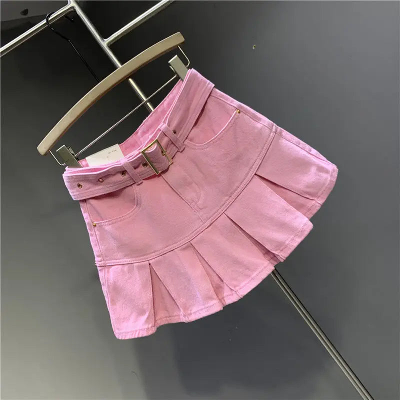 Sweet Fresh Pink Denim Skirt for Women Summer Fashion New Pleated A-line Skirts Casual All-match High Waist Faldas Sexy Mujer