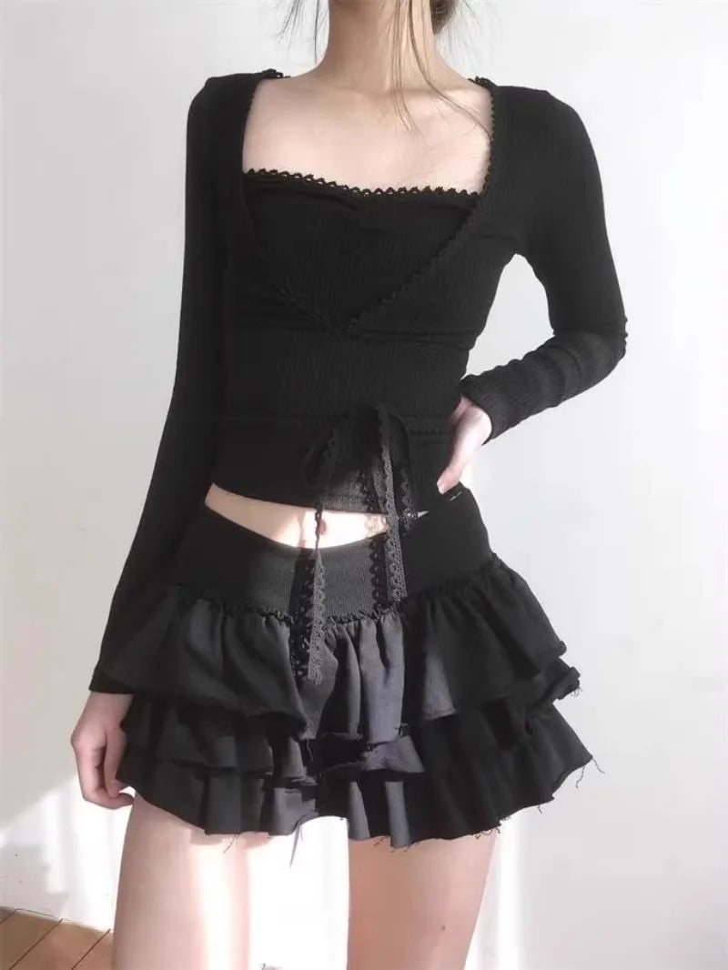 2026 Summer Vintage Korean Retro Ballet Style Ruffles Low Waist Cake Mini Skirt Streetwear Fashion Skirts White Faldas Y2k
