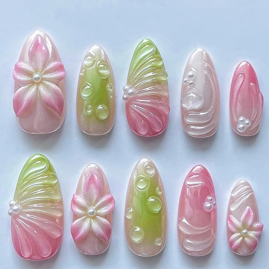 Almond 3D Flower Gradient Pearl Press-On Nails