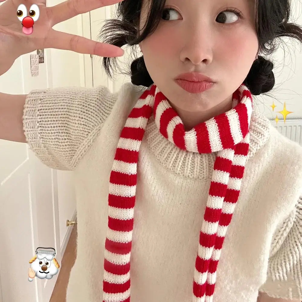 Korean Knitted Slim Long Scarf Y2K Harajuku Decorative Neckerchief Stripe Neck Women Narrow Long Scarf Choker Lady Accessories