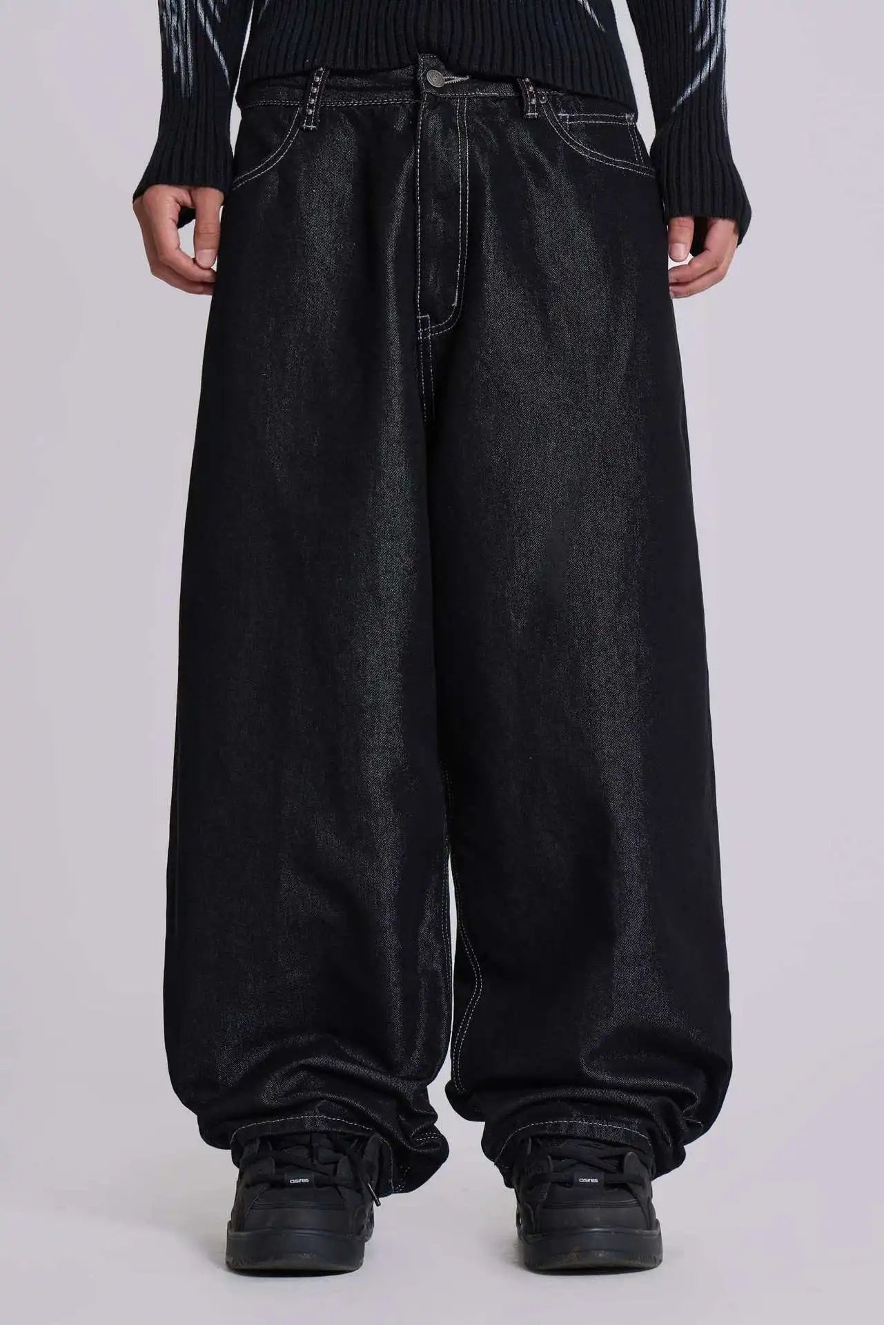 Gothic Cross Rhinestone Wide Leg Jeans Unisex Black Denim Pants Pink Wing Embroidery Oversized Streetwear Y2K Trousers