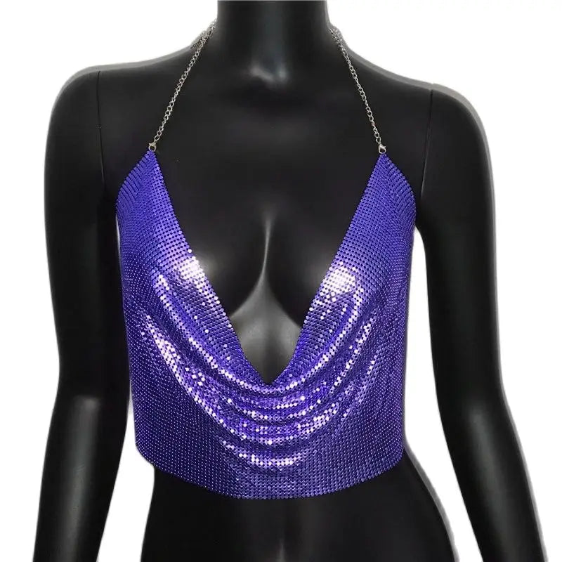 AKYZO Women 2025 Sexy Metal Sequined Tank Camis Summer Gold Silver Backless Cropped Glitter Beach Club Show Wear Tank Tops