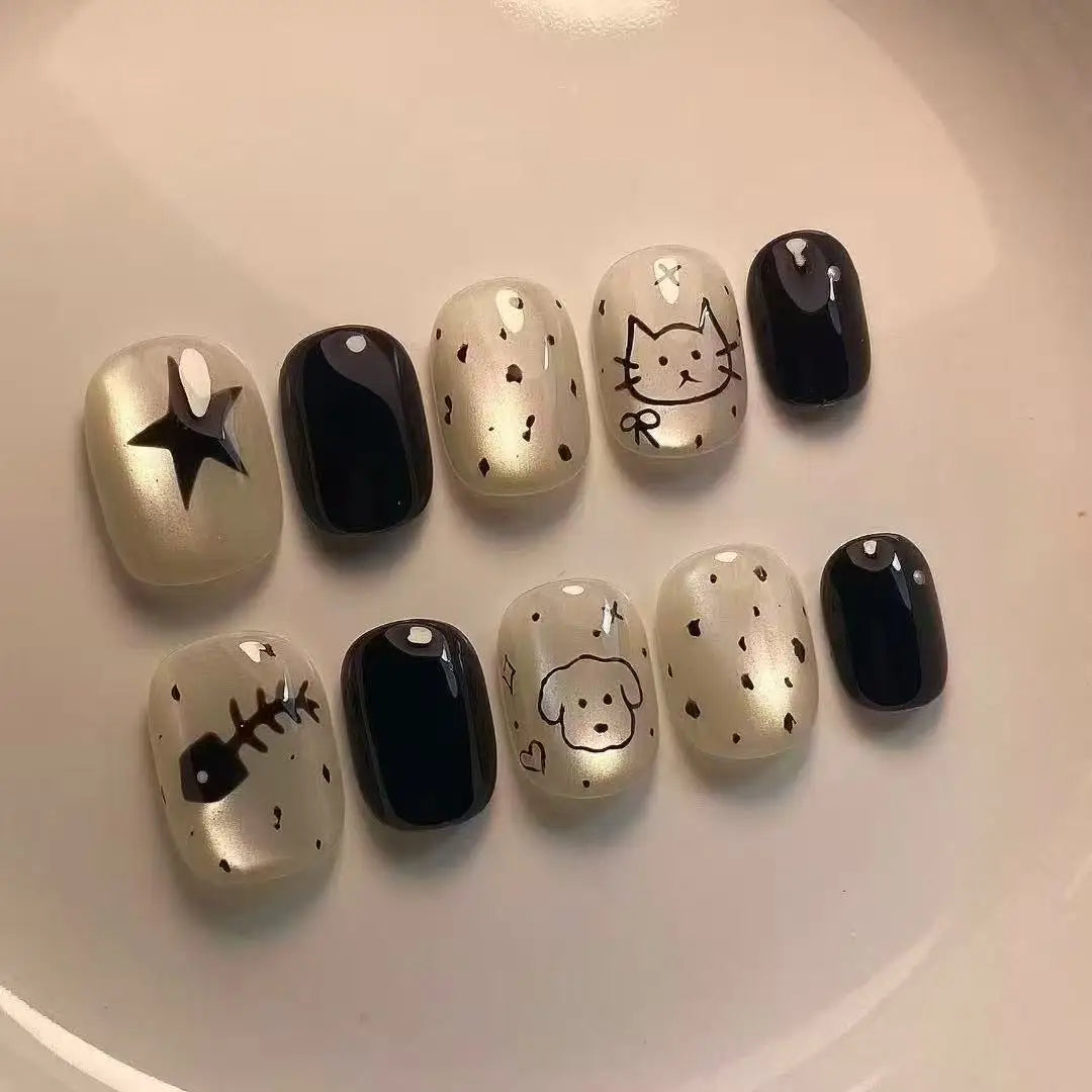 30Pcs Short Round Press On Nails Cat Eye Fake Nails With 3D Pink Star White Star Print Pink Polka Dot Full Cover False Nail