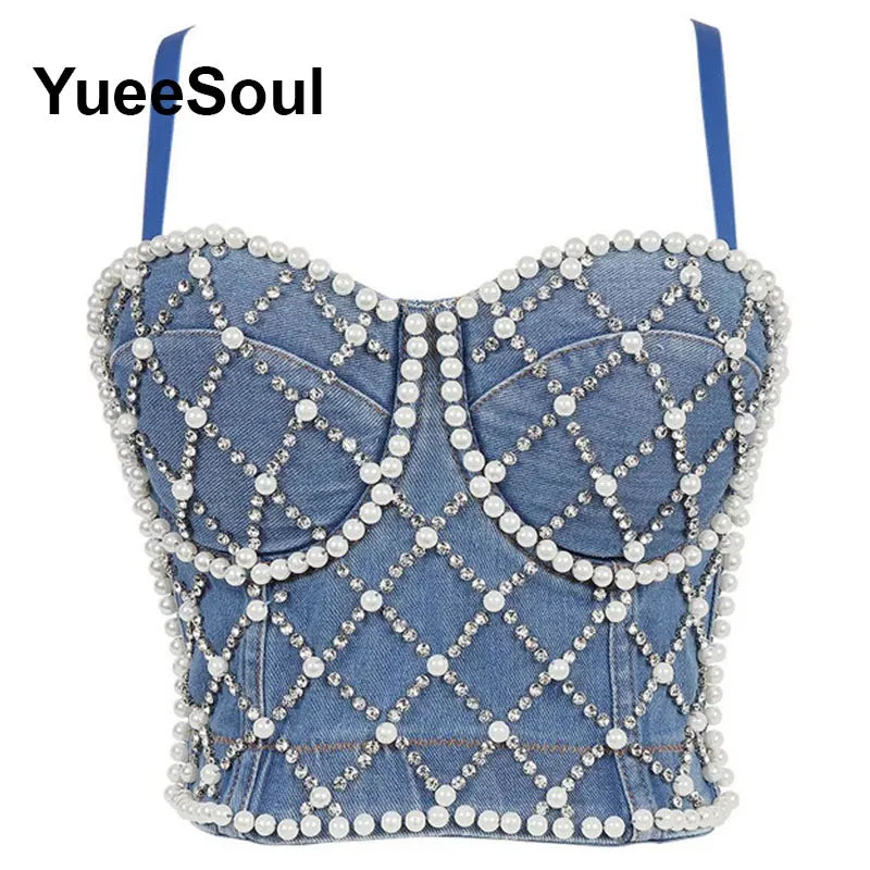 Denim Crop Tops Pearl Tassel Diamond Flower Blue Sleeveless Sexy Corset 2000s 2026 Summer New Y2K Party Evening Woman Clothes