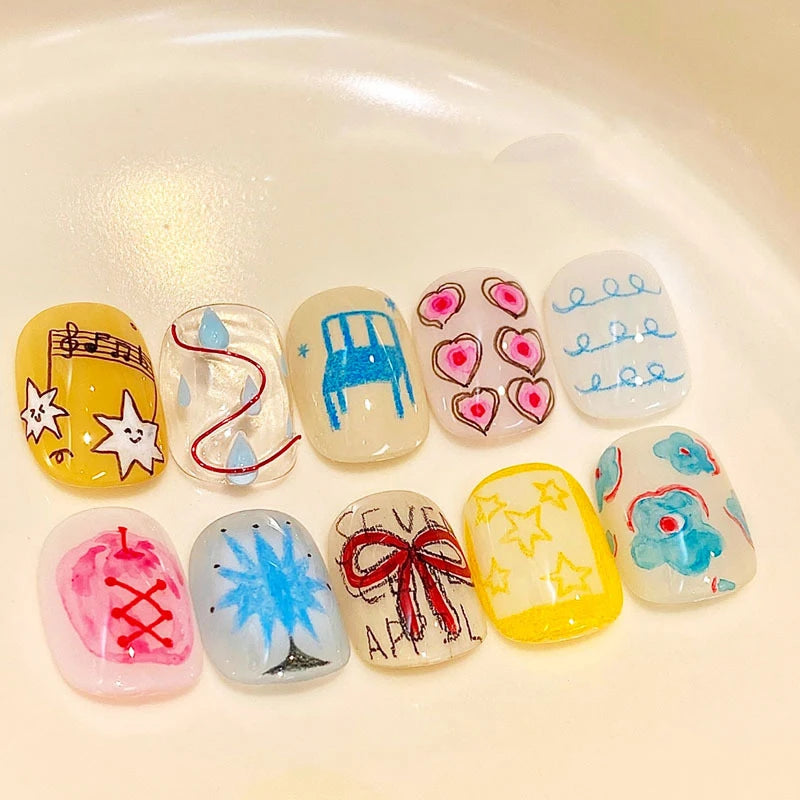 10Pcs Korean Style Cute Bow Polka Dot Print Press on Nails Fake Nails Full Cover Nail Tips Reusable Fake Nail Art Patch Stickers