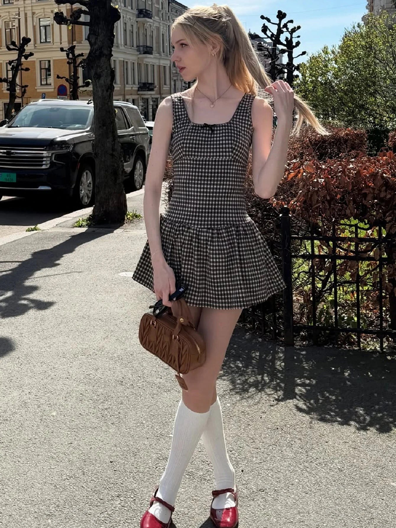 Hugcitar Women'S Elegant Plaid Print Sundress Straps Tie Bow Sexy Zipper Pleated Mini Dress Summer Fashion Party Holiday Outfit