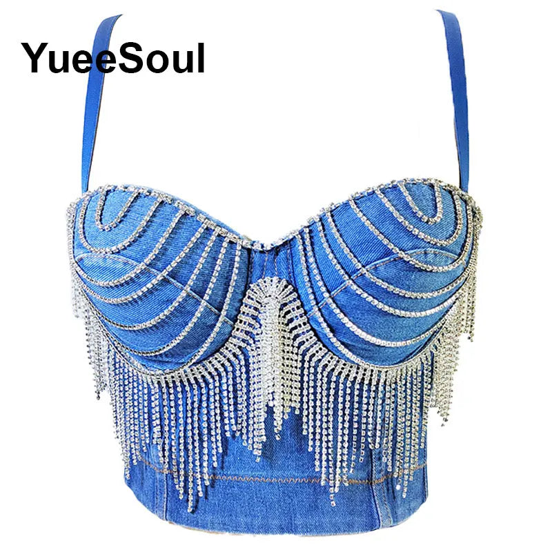 Denim Crop Tops Pearl Tassel Diamond Flower Blue Sleeveless Sexy Corset 2000s 2026 Summer New Y2K Party Evening Woman Clothes