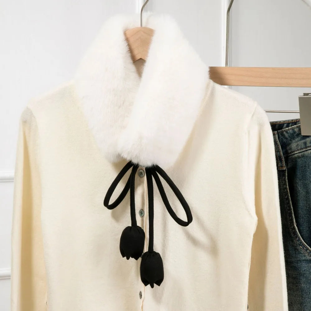 Sweet Rabbit Fur Earmuffs Multi Functional Headband Warm Scarf Tulip Flower Tether Neckerchief Fur Neck Warmer Daily Use