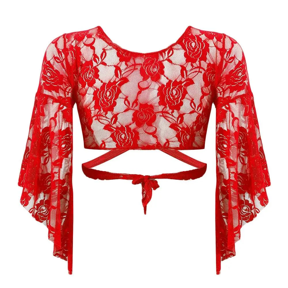 Women's Belly Dance Top  Short Cardigan Lace Long Sleeve Shrug Lace-up Shirt Gymnastics Cover Up Cardigan Wraps New
