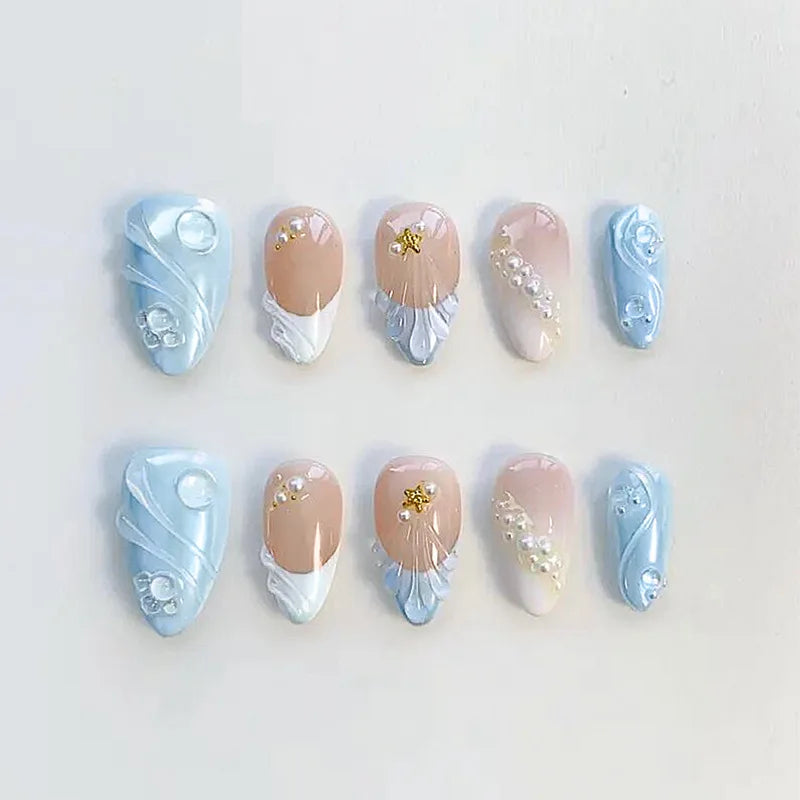 30Pcs False Nails Summer Ocean Style with Cool 3D French Tips High-Quality Press-On Nails Perfect As A Gift for Girls and Friend