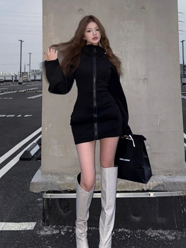 Japanese Harajuku style hot girl Y2K retro stand up collar big zipper black elastic body women's hoodie autumn hot girl tops emo