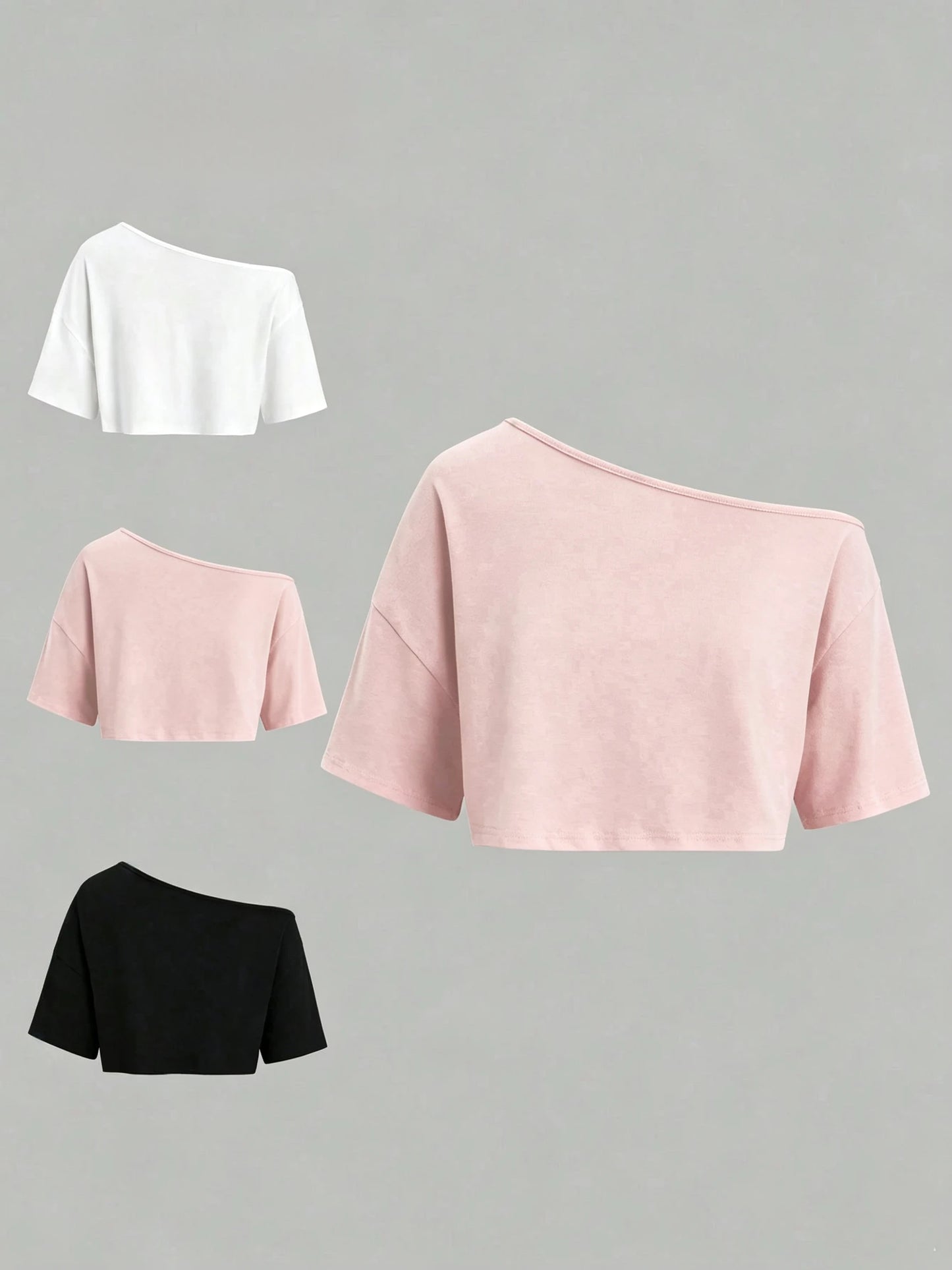 3Pcs Women Off Shoulder Loose Short Sleeve Cropped T Shirt Y2K Basic Casual Daily Streetwear Crop Tops