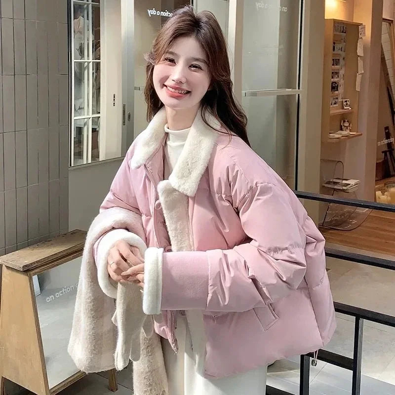 2026 Winter New Korean Gentle Age Reducing Collar Splicing Cotton  Jacket Women's Splicing Cotton Jacket Fashion Pink And Blue