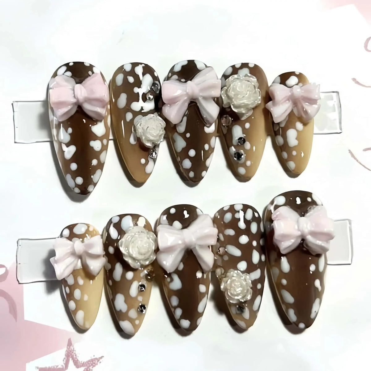 Coffee Leopard Pink Bow & Rose Almond Press-On Nails