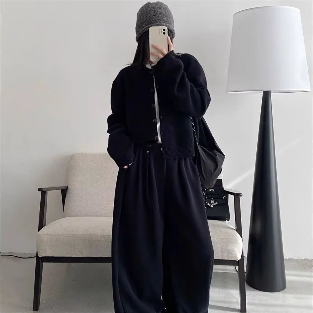 2026 New Women Cardigan Solid Single-breasted Loose Short Round Neck Off Shoulder Female Sweater Soft Autumn Winter Clothes Tops