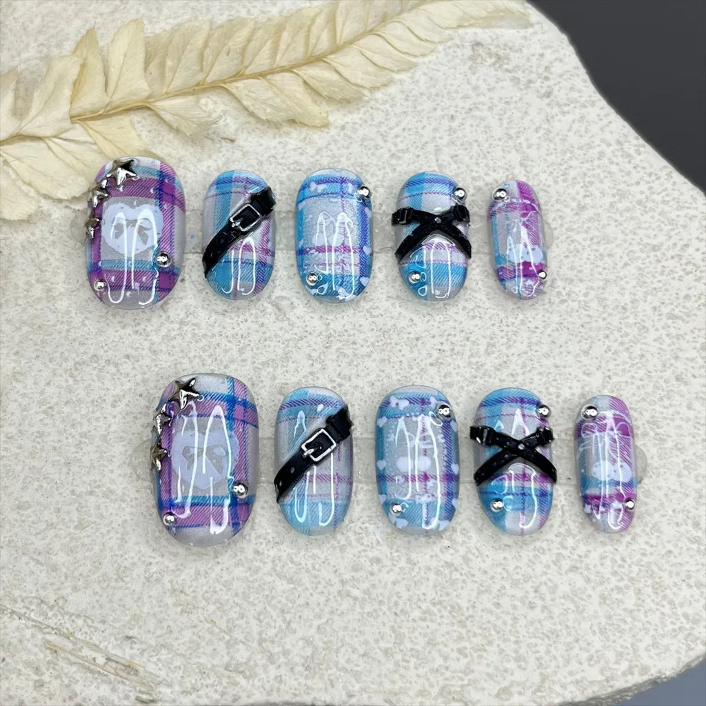 Y2K Neon Blue Pink Checkered Oval Press On Nails Handmade 3D Star Stud Bow Cherry Short Cute Baddie Cat Eye Glitter Fake Nails