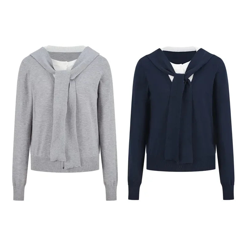 Women Korean Contrast Fake Two Piece Knit Top Autumn Tie Sailor Collar Long Sleeve Sweater