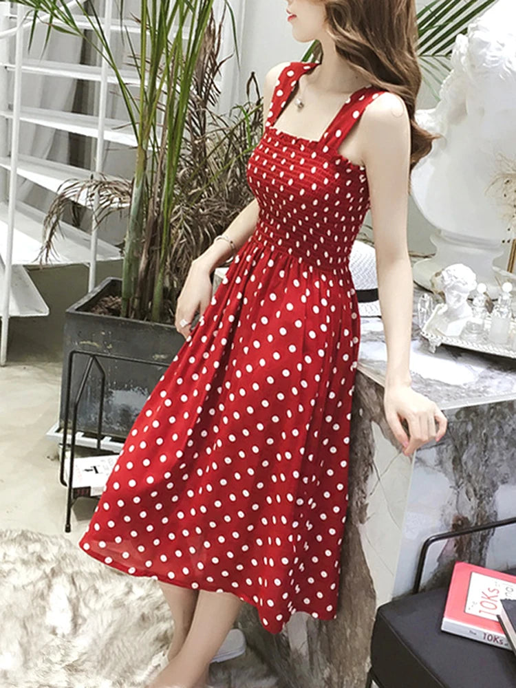 Summer Befree Beach Long Vintage Dots Casual Ruffles Elegant Party Maxi Strap Camis Silky Dress Vestidos Sexy Dresses Women