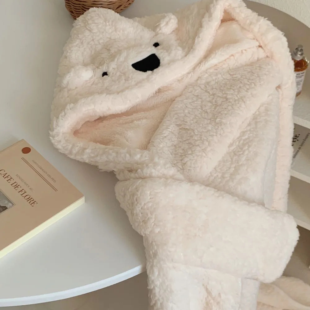 Winter Kawaii Bear Hooded Blanket Soft Keep Warm Blanket Shawl Throw Blanket Fleece Material Wearable Blanket Winter Season