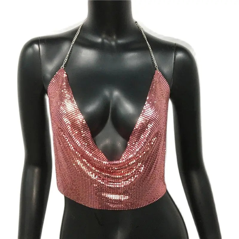 AKYZO Women 2025 Sexy Metal Sequined Tank Camis Summer Gold Silver Backless Cropped Glitter Beach Club Show Wear Tank Tops