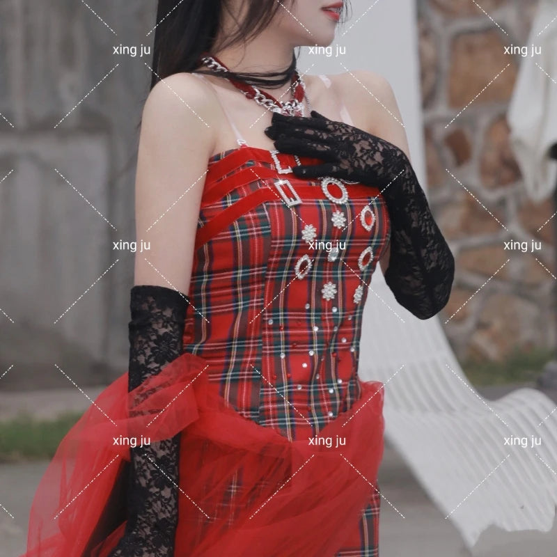 2025 Summer Korean Singer Party Dance Clothing Hip Hop Red Mesh Plaid Long Dress Nightclub DJ Sexy Festival Stage Rave Outfits