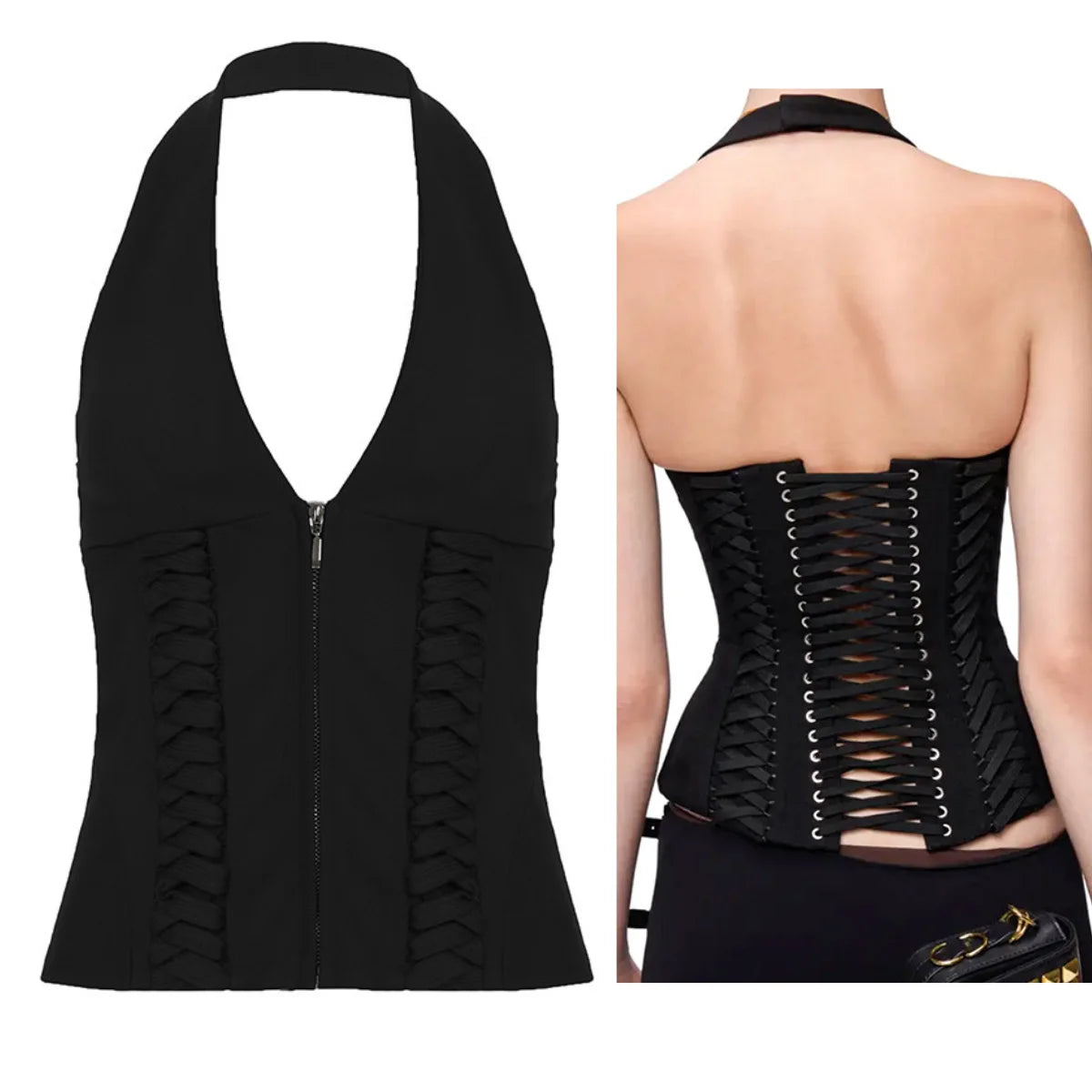 Y2K Clothes Sexy Lace Up Sleeveless Top Slim Halter Tank Tops Woman Cami Party Corset Zipper Vest Fashion Streetwear 2025 Summer