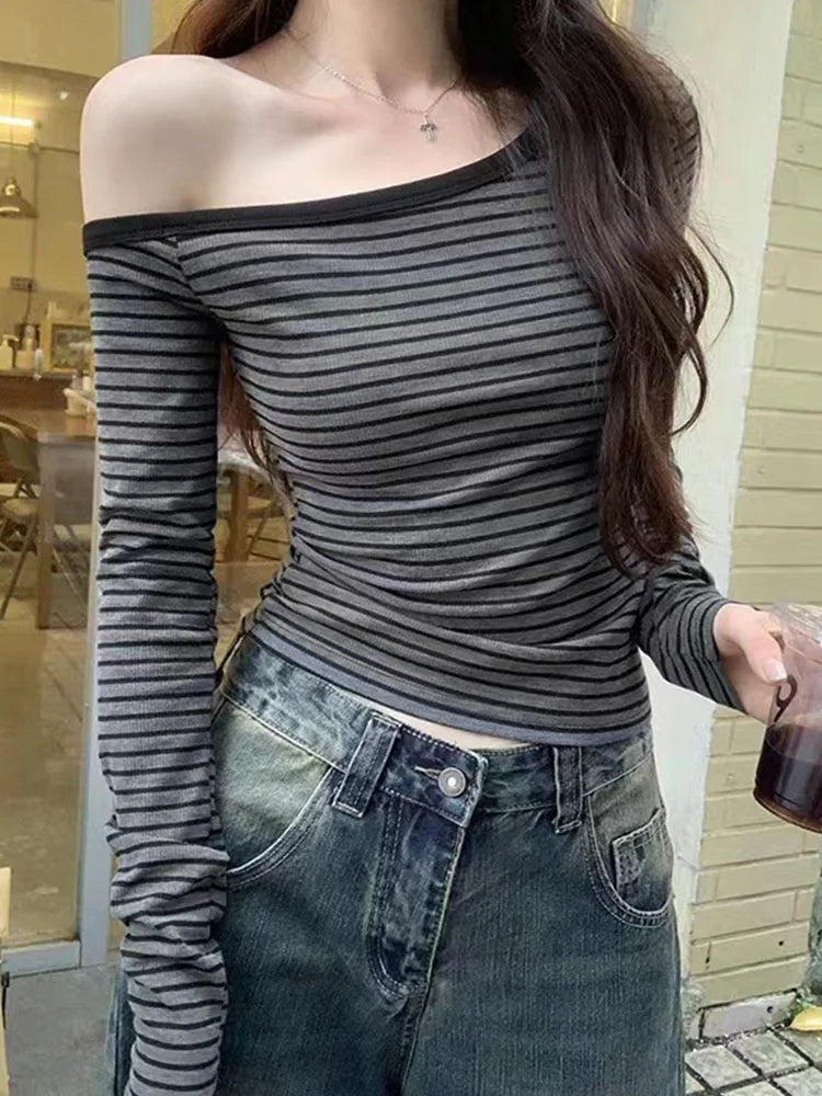 2025 New Spring Summer Vintage Striped Women's T-shirt Long Sleeve One Shoulder Casual Korean Bottom Shirts Tops Female