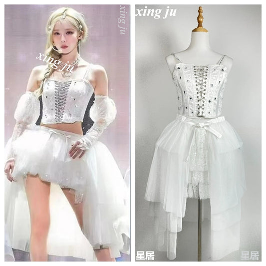 New Korean Women Group Jazz Dance White Lace-up Vest Sling Tops Sweet Princess Skirt Kpop DJ Dance Outfits Singer Stage Costume