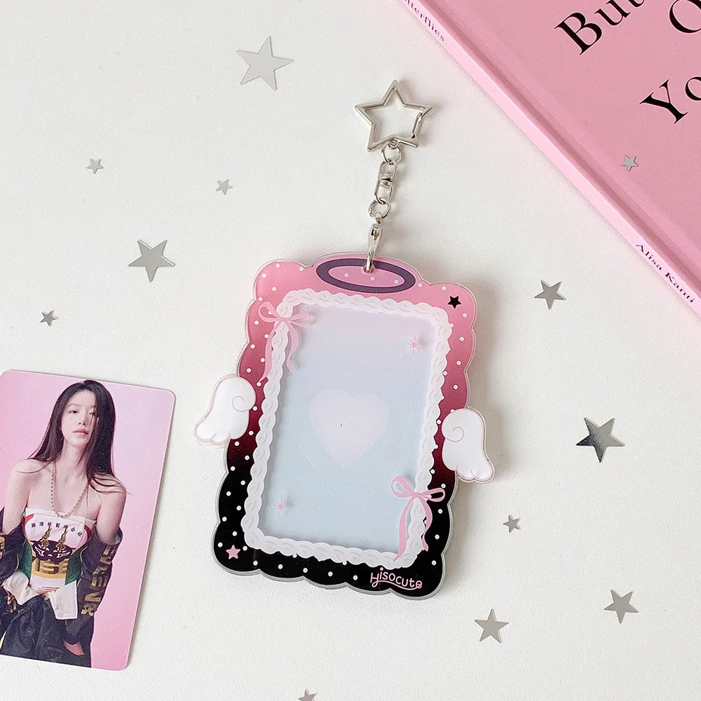 Kawaii 3-inch Photocard Holder with Wing Charm Keychain Kpop Idol Photo Sleeve for Student ID Bag Pendant Cute Card Protector