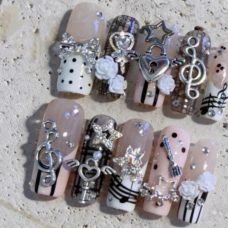 10PCS Musical Notes Retro Vintage Nail Art Y2K Gyaru French Handmade Press on Nails 3D Rose Lock Bow Pink Fake Nails Cute