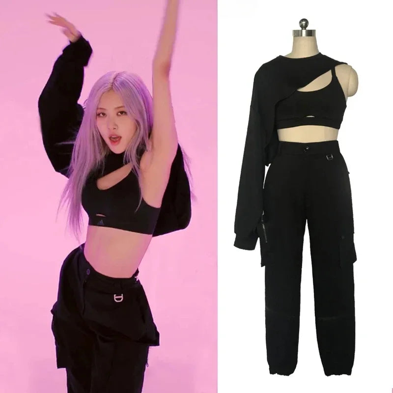 Kpop Korean Singer Black Cropped Vest Hoodies Dance Outfits Jazz Stage Costume Nightclub Women Group Hip-Hop Dance Costume 2025