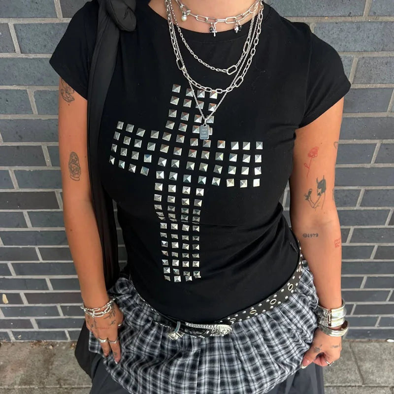 American Dark Gothic Square Rhinestone Cross Pattern O Neck Short Sleeve Tees Summer Hole Openwork Backless Sexy Spicy Girl Tops