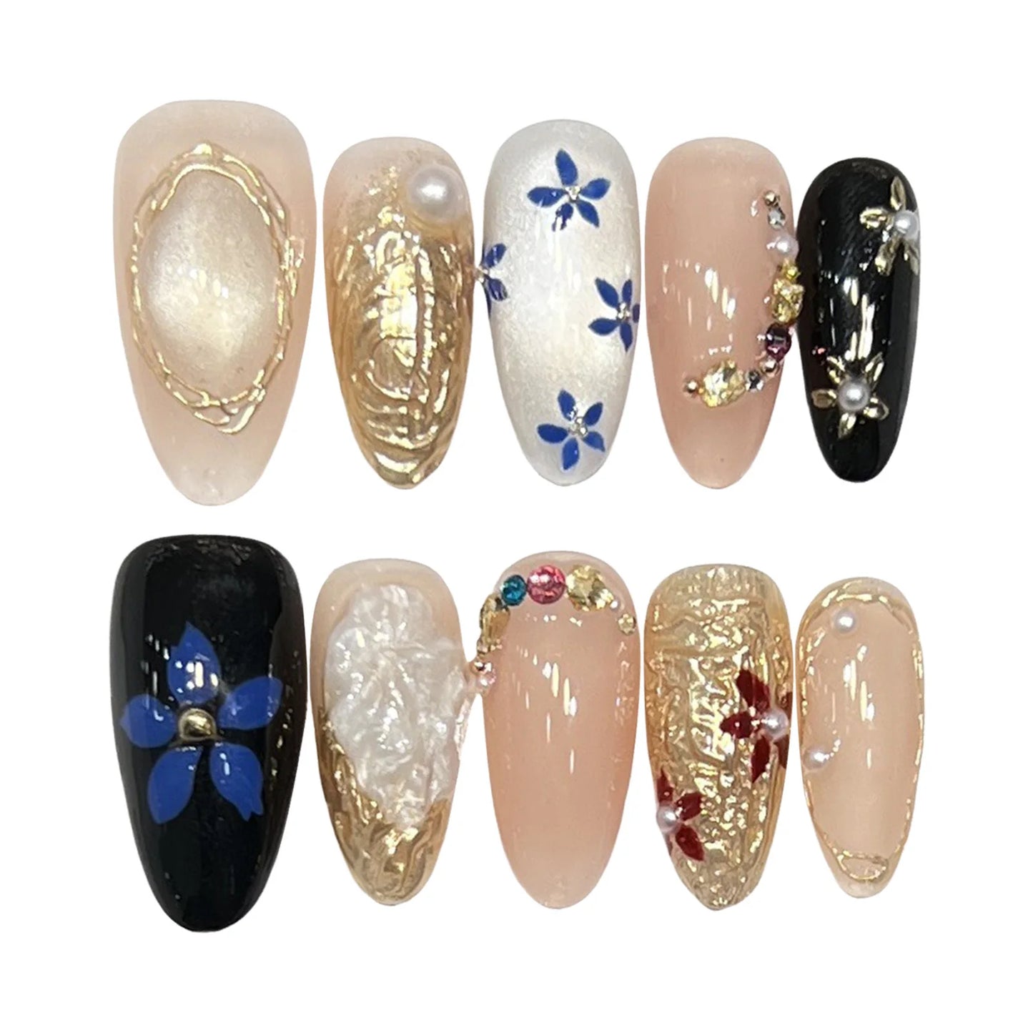 10pcs Handmade Korean Press on Nails Sweet Cool Star Pink White Fake Nail Tips Wearable Summer Night Sky Almond False Nails