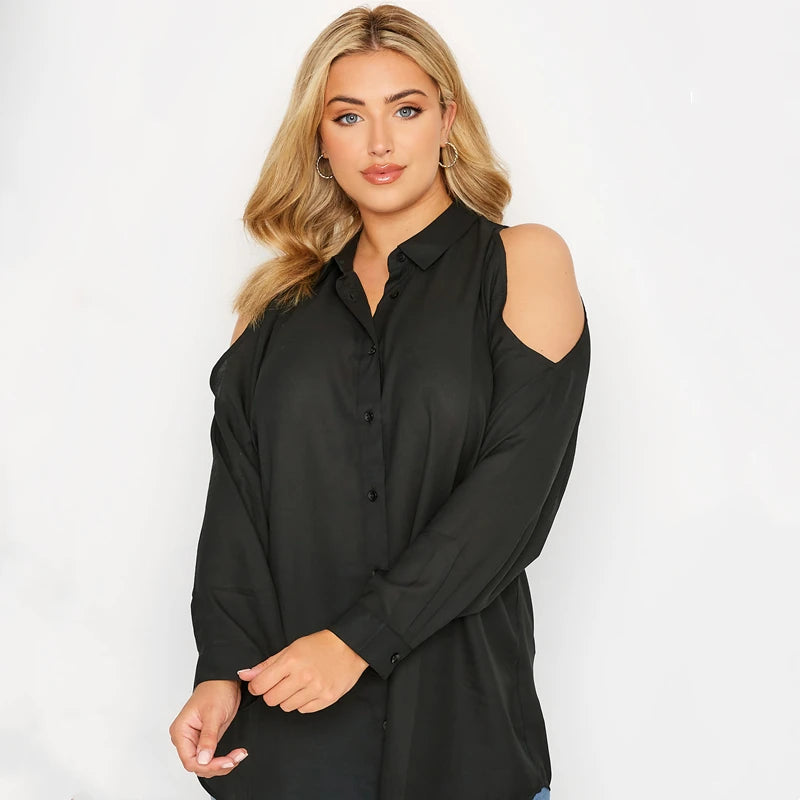 Plus Size Cold Shoulder Drop-Shoulder Long Sleeve Button-Front Office Blouse | Inspired by Beren Saat