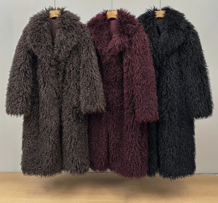 DEAT Fashion Gray Long Imitation Fur Coat Women's Lapel Loose Long Sleeves Plush Thick Overcoat Winter New 7A1438