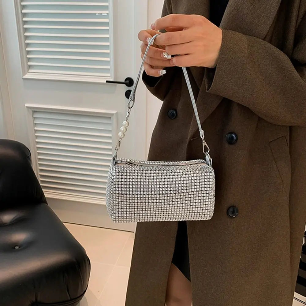 Allover Rhinestone Bucket Bag Waterproof All-match Women Crossbody Bag Mini Lightweight Glitter Chain Prom Purse for Ladies