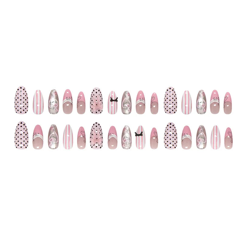 24pcs Sweet Pink Press On Nails Pink Bowknot Design French Almond Fake Nails Glossy Fashion Korean False Nail Patches Manicure