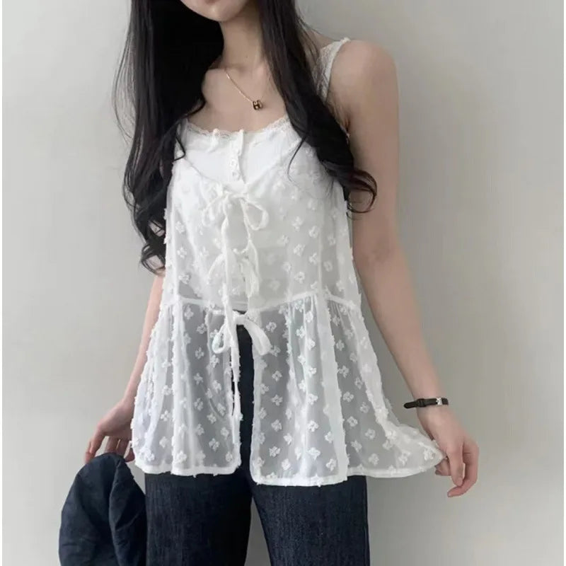 Korean Chic Mesh See Through Layering Camisole Solid V Neck Lace Up Spaghetti Strap Vest Summer Fashion Design Transparent Top