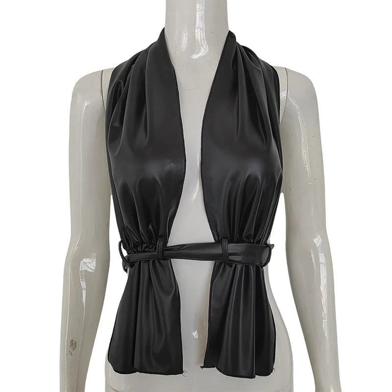 PU Leather Hollow Out Backless Halter Bandage Crop Tank Top | Inspired by Neslihan Atagül