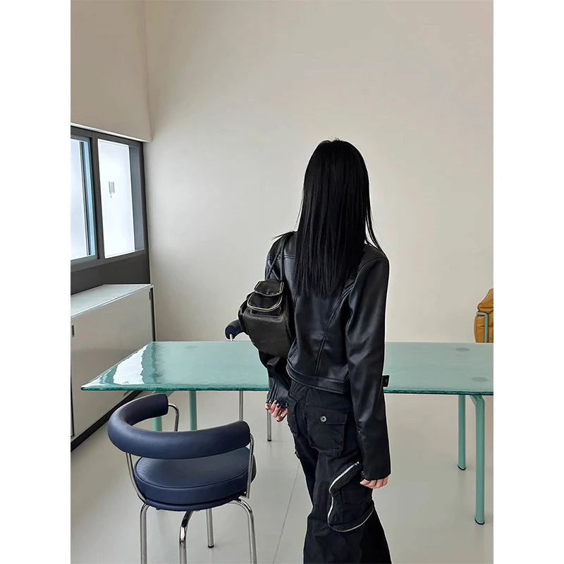 Vintage Pu Leather Jacket Women Streetwear Cropped Black Motorcycle Coats Fall Winter Y2K Harajuku Long Sleeve Short Outerwears